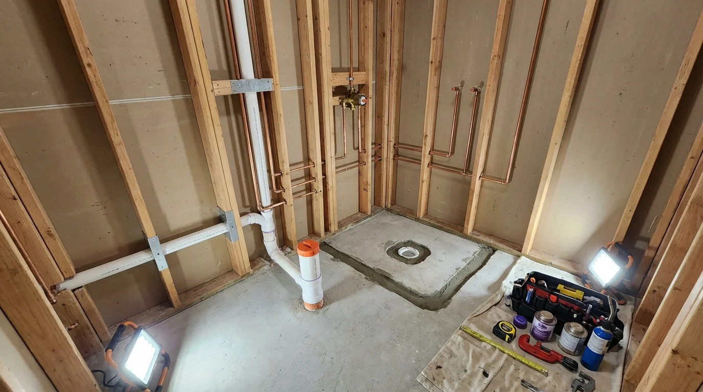 Bathroom rough-in plumbing during remodel by Johns Plumbing LLC in Granger