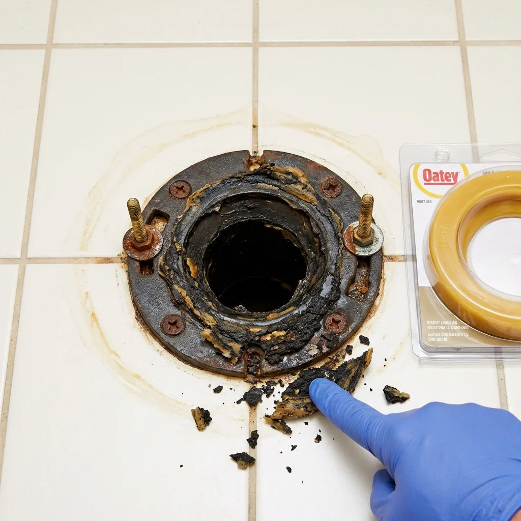 Failed wax ring showing water seepage at the base of a toilet in a Granger, IN home