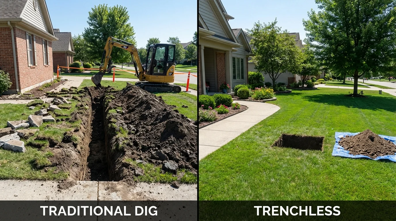 Trenchless sewer repair with minimal yard damage versus traditional excavation in Granger, IN
